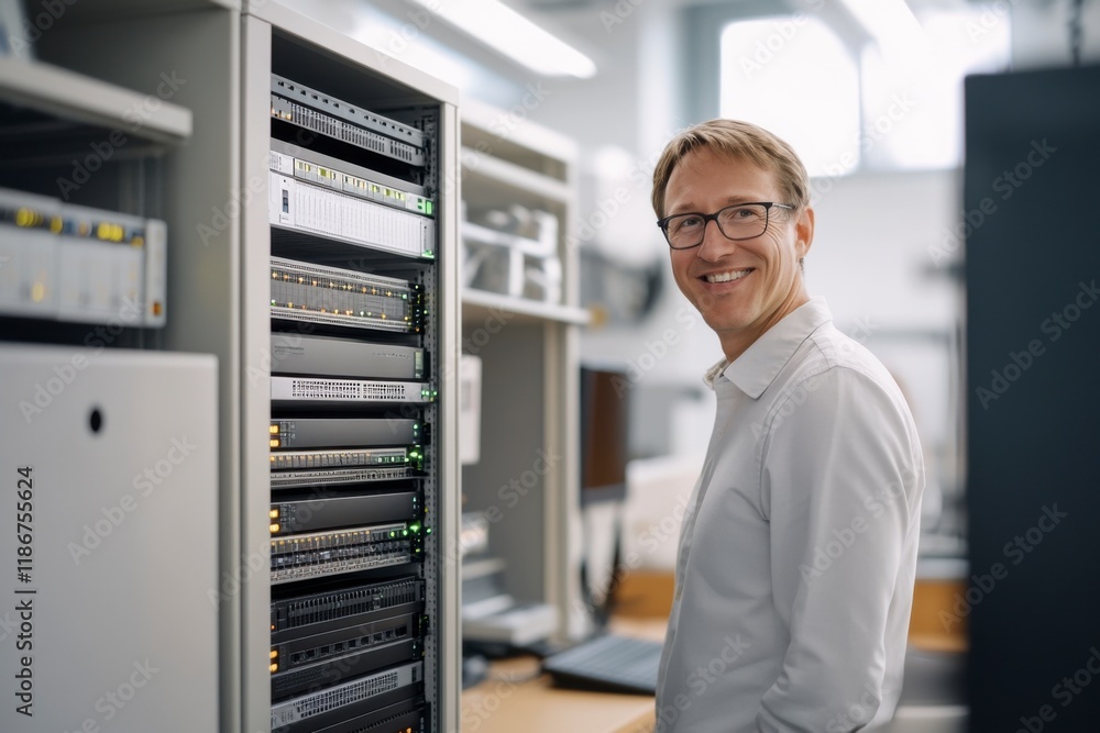 Smiling IT Specialist: A friendly and confident middle-aged male IT specialist smiles warmly at the camera, standing next to a rack of server equipment in a modern data center. Smiling IT Specialist: A friendly and confident middle-aged male IT specialist smiles warmly at the camera, standing next to a rack of server equipment in a modern data center.