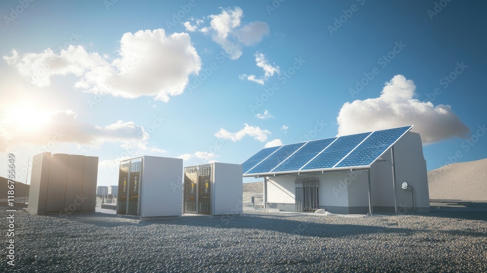 A sustainable energy setup featuring solar panels and high capacity batteries, with a bright blue sky above. A sustainable energy setup featuring solar panels and high capacity batteries, with a bright blue sky above.