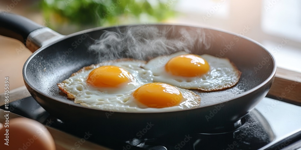 Breakfast cooking, featuring eggs sizzling in a frying pan, highlights the art of preparing delicious eggs for a morning meal. Experience the joy of cooking breakfast with fresh eggs. Breakfast cooking, featuring eggs sizzling in a frying pan, highlights the art of preparing delicious eggs for a morning meal. Experience the joy of cooking breakfast with fresh eggs.