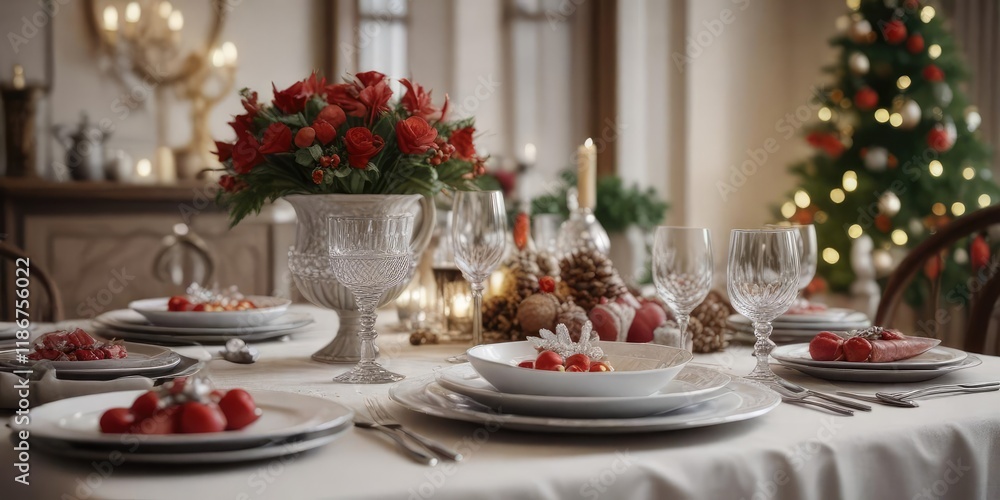 a decorated Christmas table with elegant china and crystal, elegant china, fine dining, special occasion a decorated Christmas table with elegant china and crystal, elegant china, fine dining, special occasion