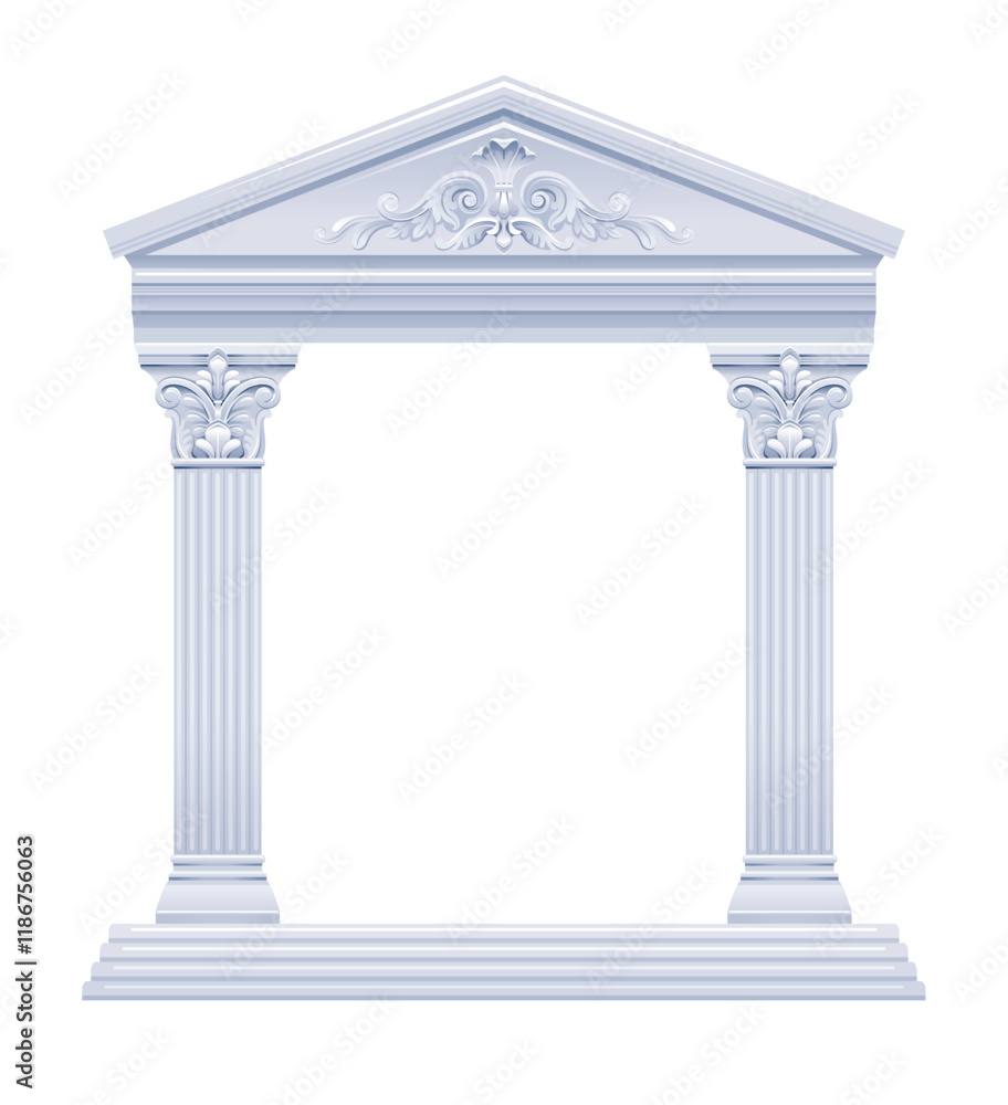 Naklejka premium Greek and Roman column temple. vector building with pillar. Ancient white marble architecture from Greece, Rome. Arch frame with roof. Antique Corinthian parthenon palace. Classic 3d stone house bg