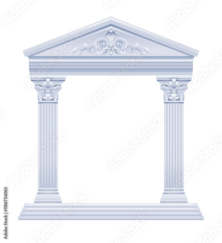 Greek and Roman column temple. vector building with pillar. Ancient white marble architecture from Greece, Rome. Arch frame with roof. Antique Corinthian parthenon palace. Classic 3d stone house bg