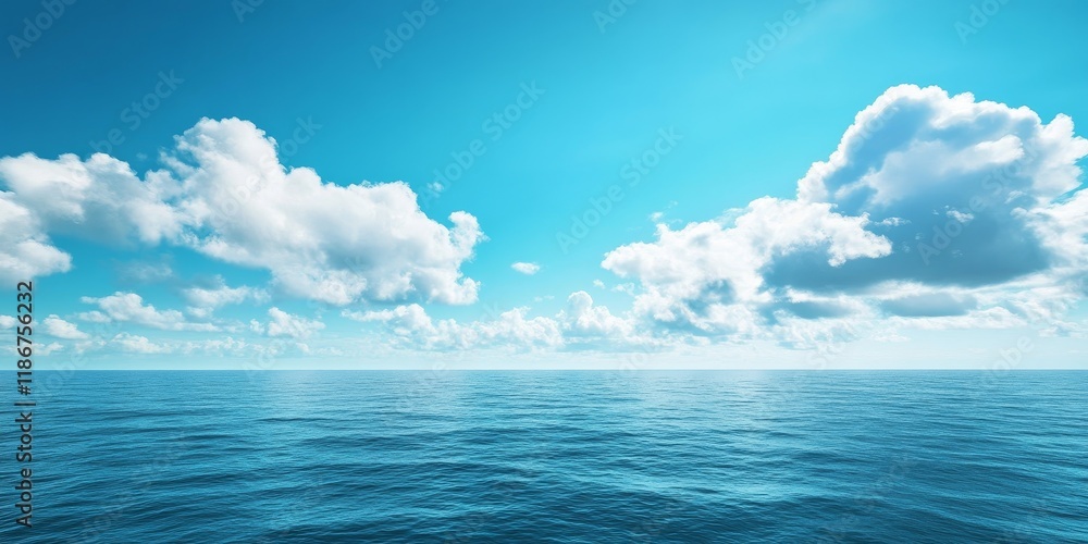 Fototapeta premium A stunning blue ocean landscape meets the sky, capturing the serene beauty of blue ocean water as it harmonizes with the expansive sky, showcasing nature s vibrant colors and tranquility.