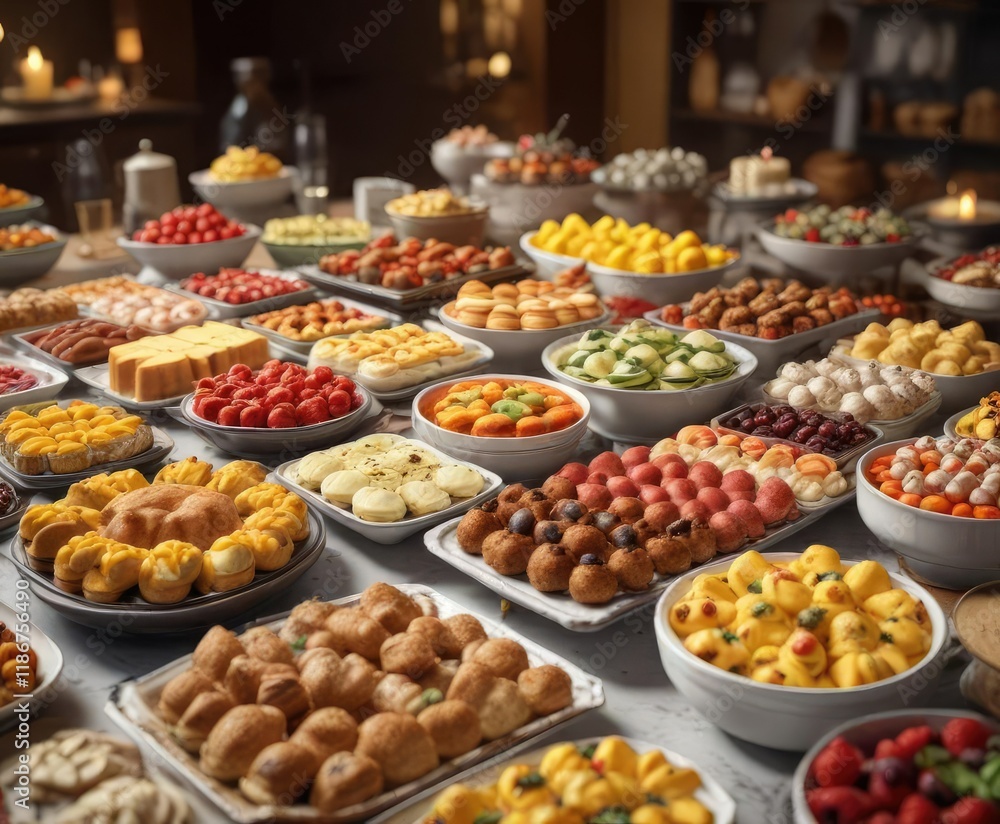 A bountiful buffet with an array of colorful dishes and desserts, abundance, colorful dishes, seasonal tableware A bountiful buffet with an array of colorful dishes and desserts, abundance, colorful dishes, seasonal tableware