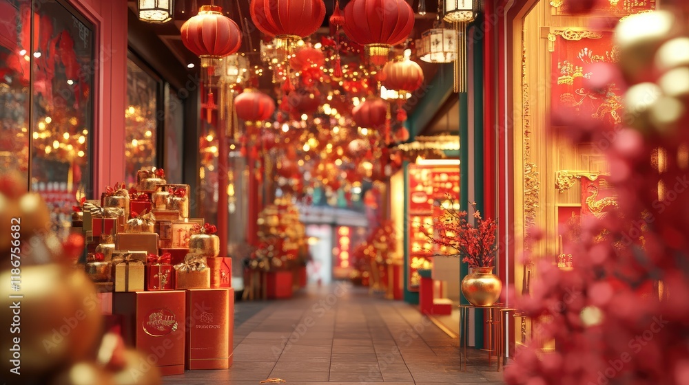 A vibrant 3D Chinese New Year shopping scene, with festive decorations, gold lanterns, and celebratory elements, ideal for holiday marketing and displays. A vibrant 3D Chinese New Year shopping scene, with festive decorations, gold lanterns, and celebratory elements, ideal for holiday marketing and displays.