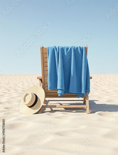 A blue towel hung over the back of a beach chair with a wide-brimmed hat resting on its side, beach accessories, summer comfort