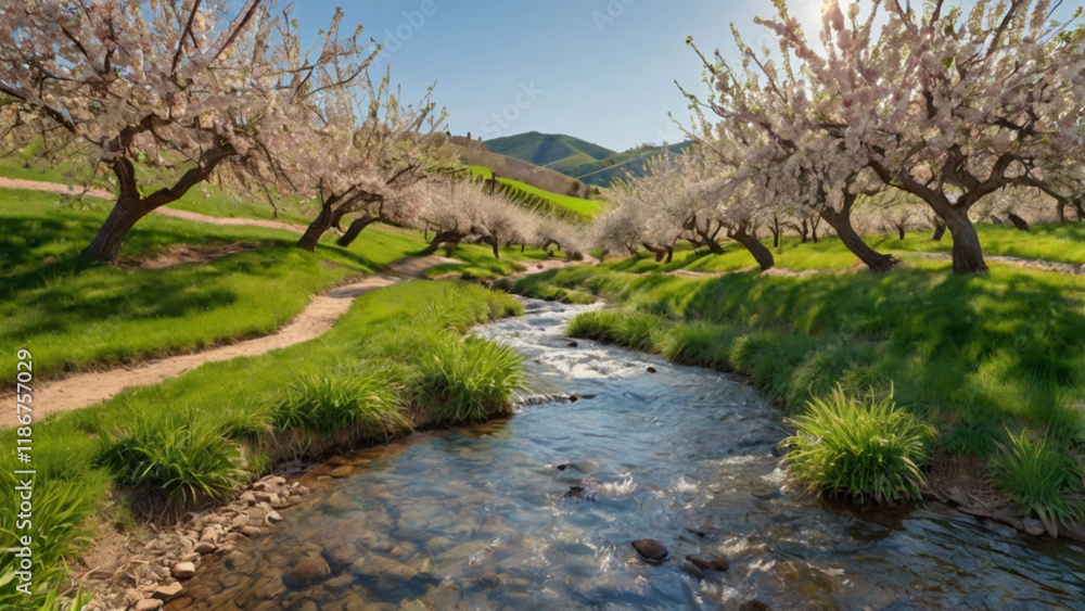 a bubbling stream running beneath an orchard on a hill, ai