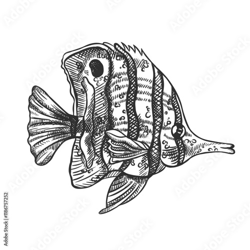 Vector illustration of butterfly sea fish. A tropical underwater animal. Tropical element of natural world. For postcards, prints. Hand drawn textured sketch in black and white on isolated background