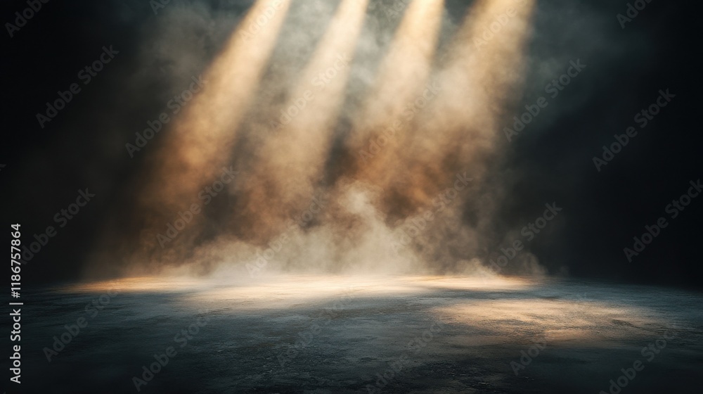 Dark background, spotlight on the ground, light rays of golden color shining down from above, dust floating in air, empty stage, Dark background, spotlight on the ground, light rays of golden color shining down from above, dust floating in air, empty stage,