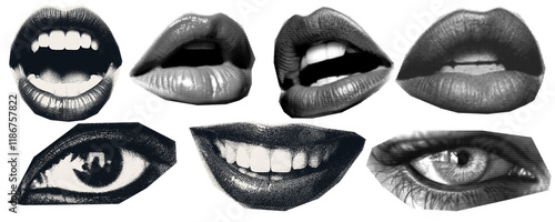 Scan Magazine, newspaper clipping, Vintage elements. illustration of grunge dadaism texture icons for psychedelic. lips, smile, eye, sexy, open, female, mouth.