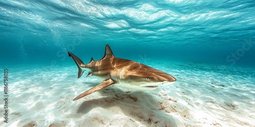 A lemon shark glides gracefully beneath the ocean surface, showcasing the beauty of the lemon shark as it navigates the ocean floor in its natural habitat. This lemon shark captures the essence of