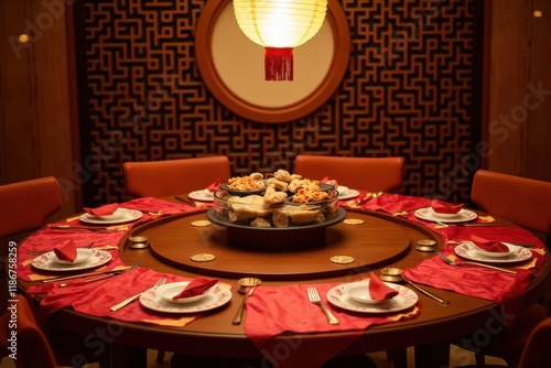 Elegant Table Setting for Chinese New Year Celebration Featuring Traditional Dishes, Red Decorations, and Festive Atmosphere in a Special Dining Room