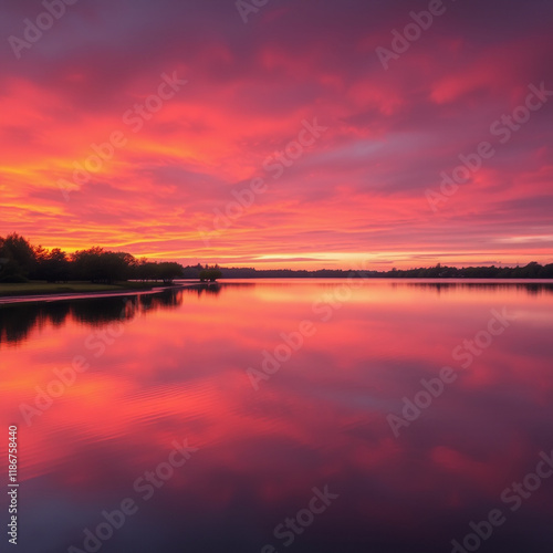 A tranquil lake reflecting a sunset with vibrant hues