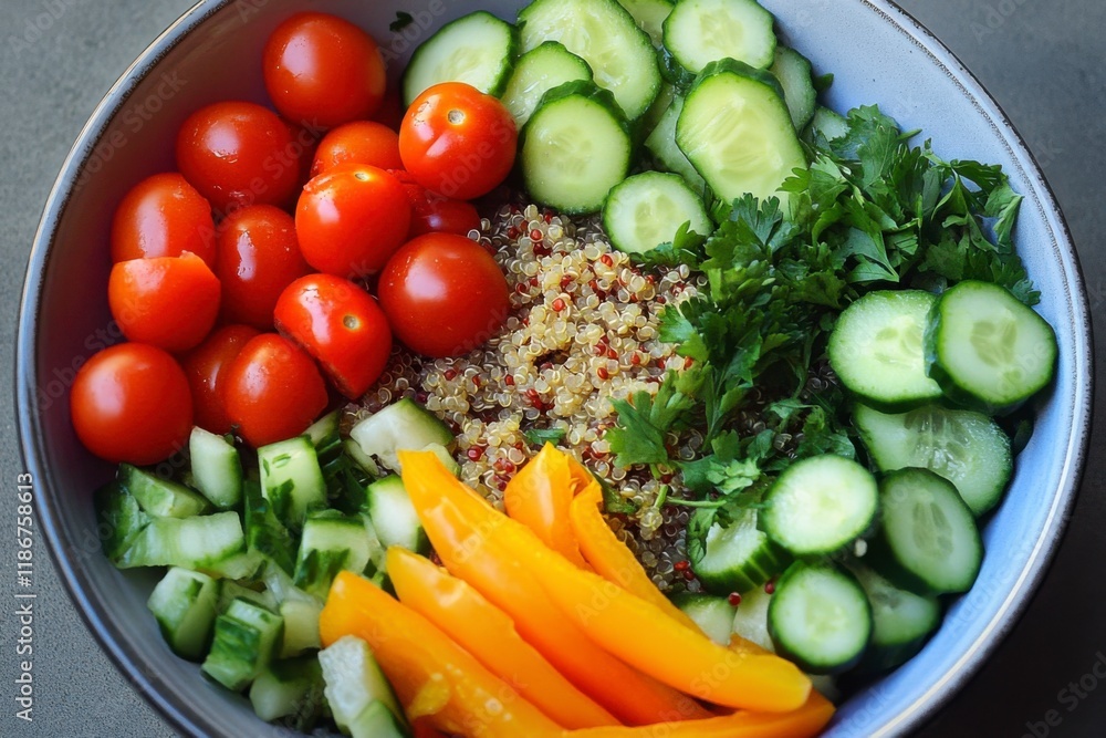 Vibrant Quinoa Bowl: A colorful and healthy quinoa salad bowl brimming with fresh cherry tomatoes, sliced cucumbers, and vibrant bell peppers, offering a delicious and nutritious meal. Vibrant Quinoa Bowl: A colorful and healthy quinoa salad bowl brimming with fresh cherry tomatoes, sliced cucumbers, and vibrant bell peppers, offering a delicious and nutritious meal.