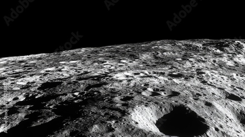 Detailed close-up of the moon surface, highlighting the rugged terrain of craters and mountain ranges, providing an awe-inspiring view of the lunar landscape. photo