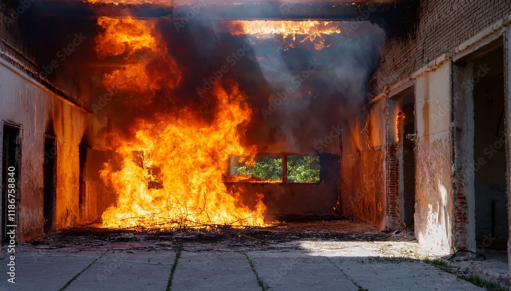 Obraz premium A gloomy scene of a fire breaking out in an abandoned building, flames spreading through the cracks in windows and doors