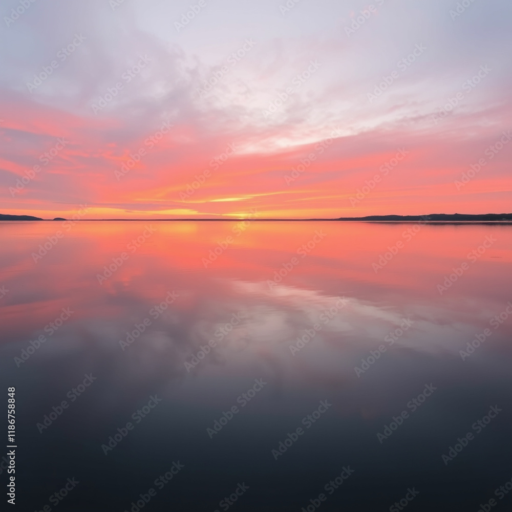 Fototapeta premium A tranquil lake reflecting a sunset with vibrant hues