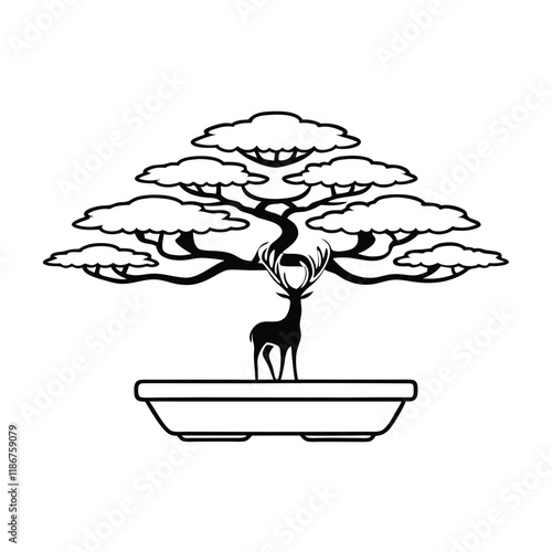 A minimalist vector silhouette featuring a bonsai tree with a gracefully twisted trunk and well-defined layered foliage, placed in a traditional bonsai pot with sharp,