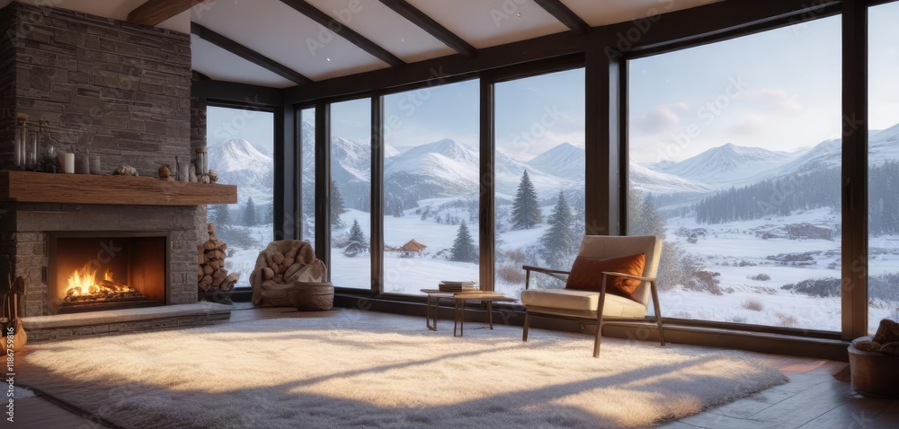 A house with a large window on one side to show the snowy landscape outside while inside enjoying a cozy fireplace , large windows, frosty morning, snow-covered grounds A house with a large window on one side to show the snowy landscape outside while inside enjoying a cozy fireplace , large windows, frosty morning, snow-covered grounds