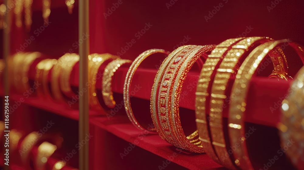 Obraz premium Luxurious golden bangles and necklaces displayed on a red velvet background, emphasizing their opulence and timeless beauty.