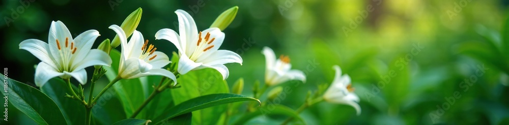 Delicate white lily blooms amidst lush green foliage, lilies, nature, serene Delicate white lily blooms amidst lush green foliage, lilies, nature, serene