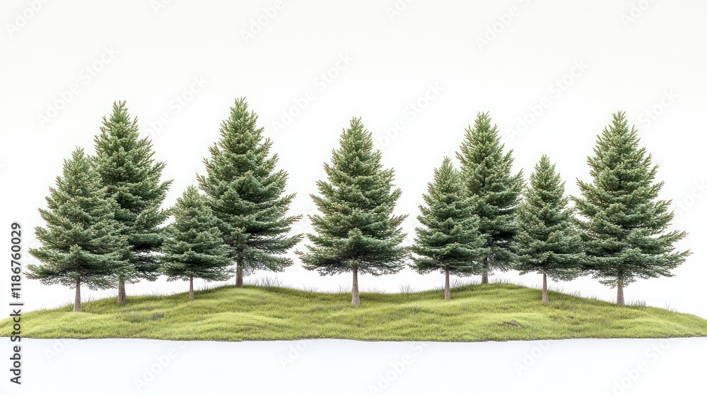 Obraz premium Five pine trees on grassy hill against white backdrop.