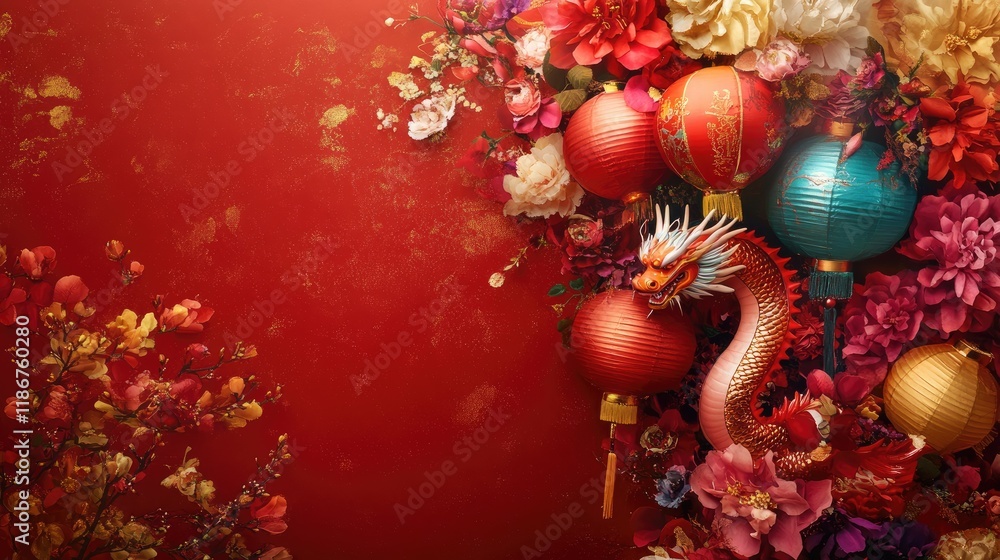 Stunning Chinese New Year design featuring the Dragon zodiac sign, colorful lanterns, and flowers on a rich red background, with room for text or a greeting. Stunning Chinese New Year design featuring the Dragon zodiac sign, colorful lanterns, and flowers on a rich red background, with room for text or a greeting.