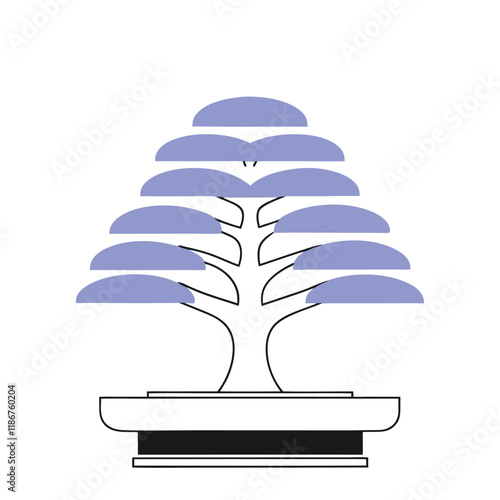 A minimalist vector silhouette featuring a bonsai tree with a gracefully twisted trunk and well-defined layered foliage, placed in a traditional bonsai pot with sharp,
