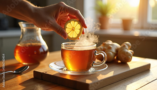 Hand squeezing lemon into a steaming cup of tea on wooden table photo