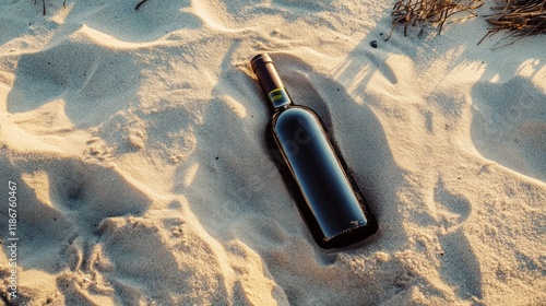 Red wine bottle partially buried in light sand on beach at sunset.