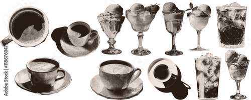 Scan Magazine, newspaper clipping, Vintage elements. illustration of grunge dadaism texture icons for psychedelic. drinks, cocktails, dessert, ice cream, cup, alcohol, ice.