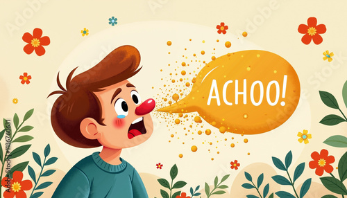 Illustrated boy sneezing with pollen and flowers around