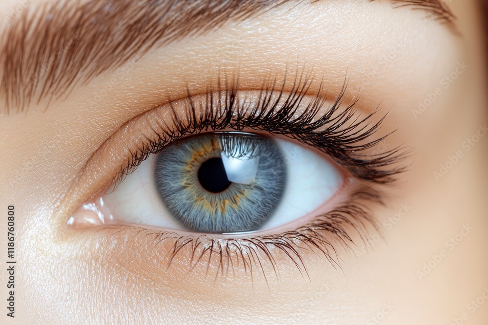 Obraz premium Intriguing Gaze: A captivating close-up of a blue eye with long lashes, hinting at a mysterious allure.