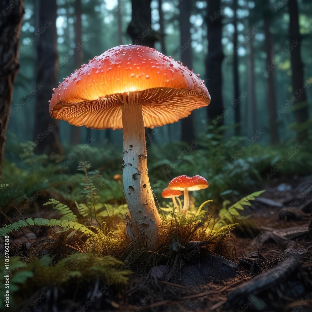 Fototapeta premium A glowing mushroom in the undergrowth of an enchanted forest, wild, landscape