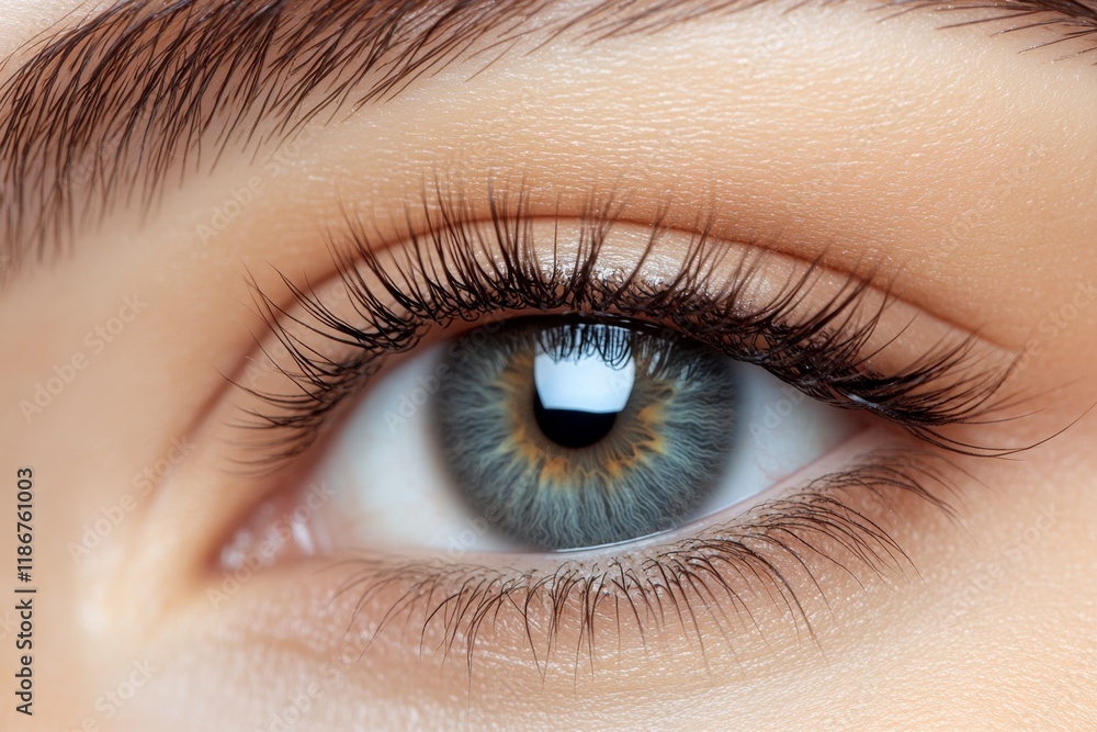 Fototapeta premium Captivating Gaze: A mesmerizing close-up of a captivating blue eye, framed by long dark lashes, reveals intricate details and intense expression. The image evokes a sense of mystery and allure.