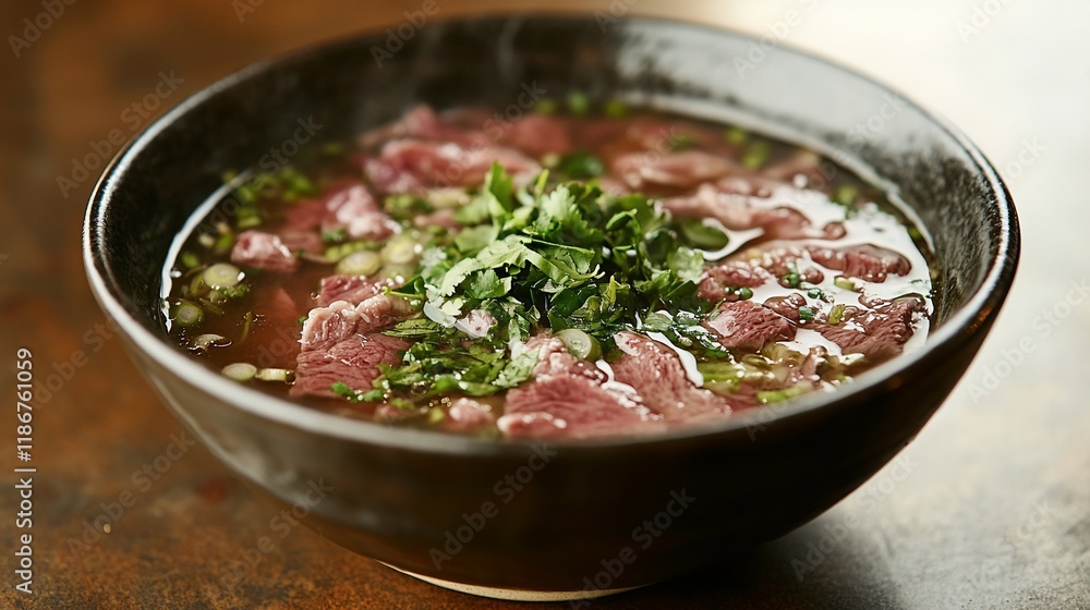 Delicious beef soup in a dark bowl, garnished with herbs. Delicious beef soup in a dark bowl, garnished with herbs.