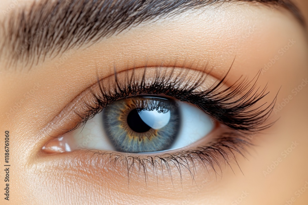 Fototapeta premium Captivating Gaze: A close-up reveals a stunning blue eye, framed by perfectly shaped eyebrows and long, lush eyelashes. The image emphasizes the beauty and detail of the eye's intricate structure. 