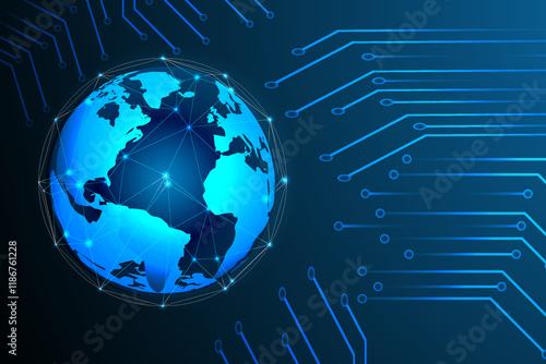Abstract Digital Network with Glowing Nodes and Lines on a Night Technology Background