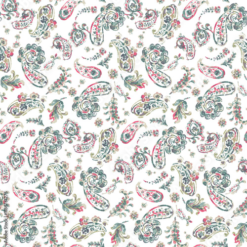 Floral seamless pattern with paisley ornament. Vector illustration in asian textile style

