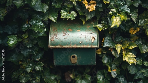 Vintage Green Mailbox Surrounded by Lush Ivy Leaves and Vines photo