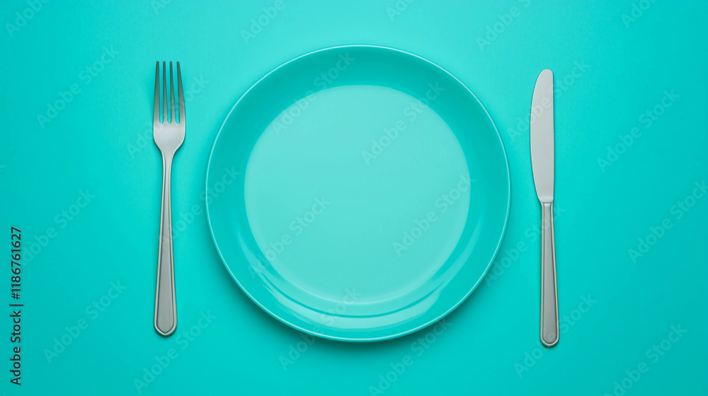Minimalistic Plate with Fork and Knife on Turquoise Background Minimalistic Plate with Fork and Knife on Turquoise Background