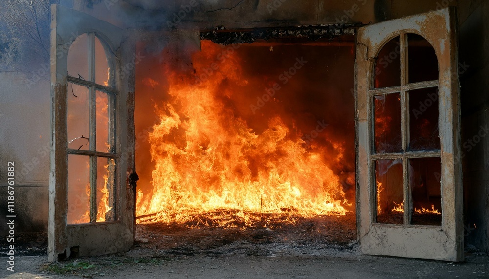 Obraz premium A gloomy scene of a fire breaking out in an abandoned building, flames spreading through the cracks in windows and doors