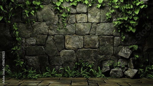 Stone wall with ivy and plants. photo