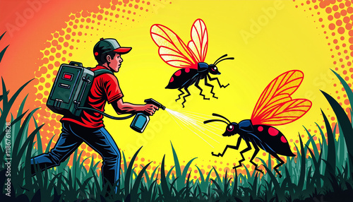 Pest control worker spraying large cartoon bugs