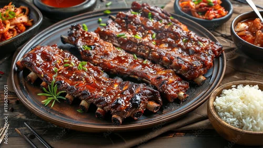 Delicious barbecue ribs with rich sauce served on wooden plate, accompanied by rice and fresh herbs, create mouthwatering dinner experience for meat lovers and food enthusiasts alike. Delicious barbecue ribs with rich sauce served on wooden plate, accompanied by rice and fresh herbs, create mouthwatering dinner experience for meat lovers and food enthusiasts alike.