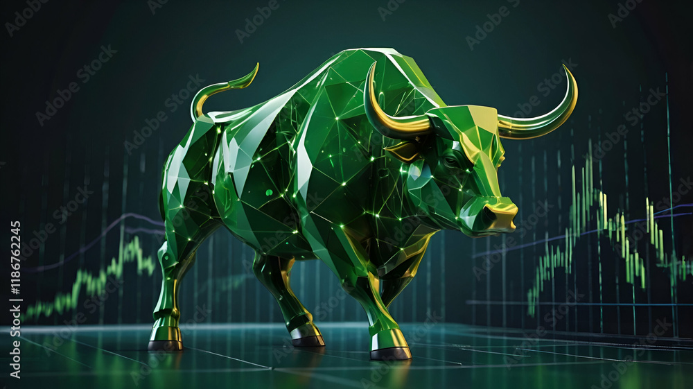 Fototapeta premium Dynamic digital green bull symbolizing stock Bull Market Charge: A powerful bull, symbolizing financial growth and strength, charges forward against a dynamic backdrop of green and gold stock charts, 