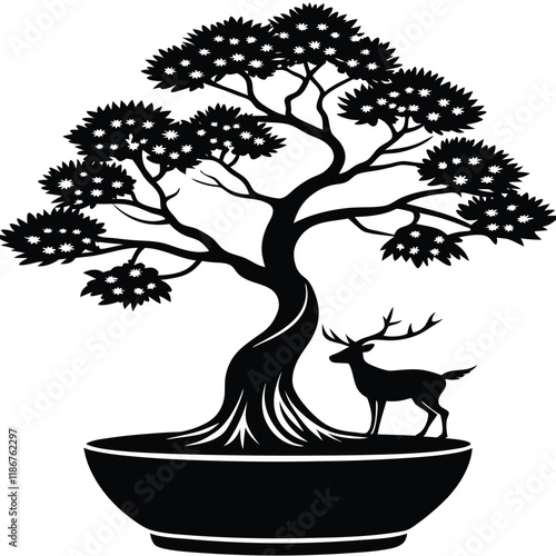 A minimalist vector silhouette featuring a bonsai tree with a gracefully twisted trunk and well-defined layered foliage, placed in a traditional bonsai pot with sharp,