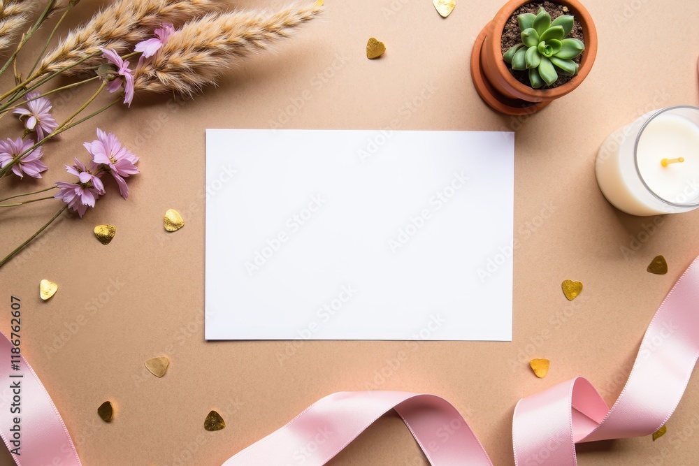 Elegant Flat Lay with Blank Card Surrounded by Dried Flowers, Green Plant, Candle, and Decorative Hearts for Creative Projects and Personal Touches Elegant Flat Lay with Blank Card Surrounded by Dried Flowers, Green Plant, Candle, and Decorative Hearts for Creative Projects and Personal Touches