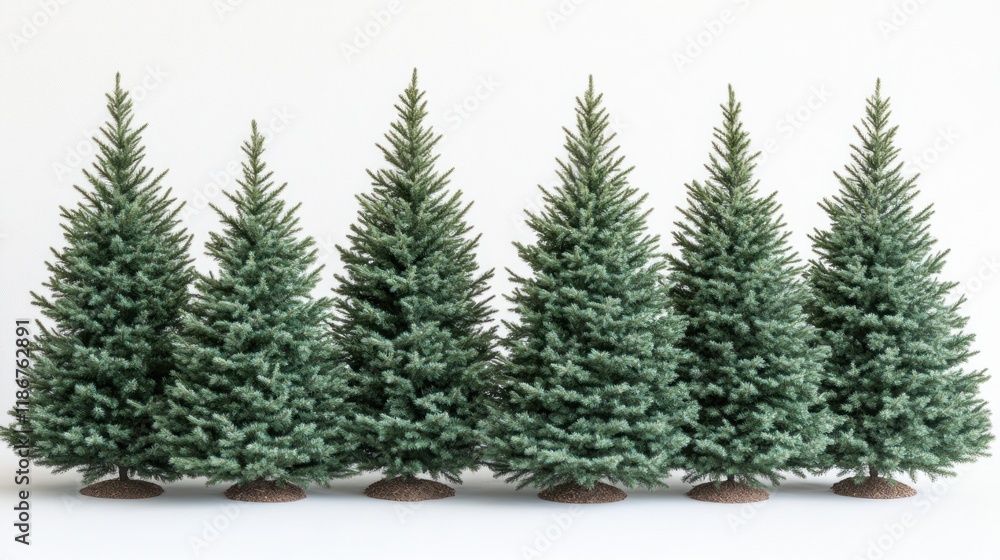 Five spruce trees on white studio backdrop. Five spruce trees on white studio backdrop.