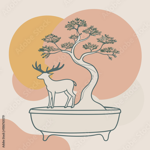 A minimalist vector silhouette featuring a bonsai tree with a gracefully twisted trunk and well-defined layered foliage, placed in a traditional bonsai pot with sharp,